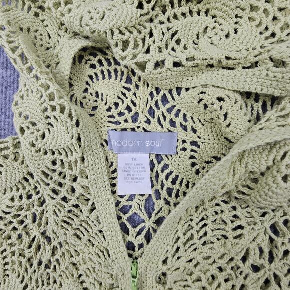 Vintage Modern Soul Hoodie Womens 1X Linen Green Crochet Boho Y2K Preppy Beachy - Picture 2 of 5